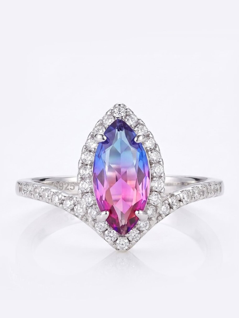 Pink Blue Marquise Gemstone Wishbone ring, 925 Sterling Silver Size 6